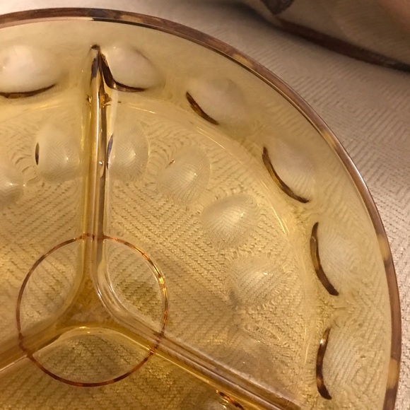Vintage Hazel Atlas Reflection Amber Thumbprint 3-part Divided Relish Dish - Picture 4 of 7